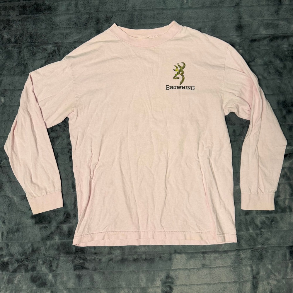 Browning Pink Long Sleeve T-Shirt Camo Buckmark Logo Graphic Tee Mens Small